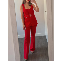Elegantes Damen-Set mit V-Ausschnitt, ärmellos, 2-teilig, mit Gürtel, Falten-Dekor, hohe Taille, Seitentasche, Reißverschluss, solide lange Hose