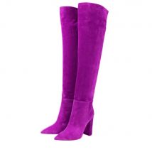 Women's Suede Thick High-heeled Sleeve Knee High Boots, European and American Fashion Runway Shoes, Red Wedding Shoes