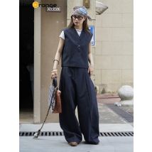 HanOrange 2025 Frühherbst einfache kurze Weste + gefaltete gebogene Hose mit weitem Bein für Damen, 2-teiliges Set, Marineblau