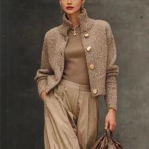 New Fashion Autumn Women's Solid Color Loose Stand Collar Single-breasted Long Sleeve Casual Trendy Knitted Sweater Cardigans