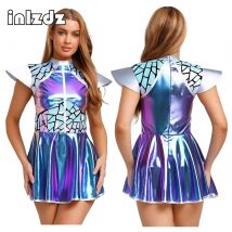 Womens Halloween Alien Astronaut Dress-up Dress Metallic Fly Sleeve A-line Mini Dress Future Robot Space Themed Party Costume