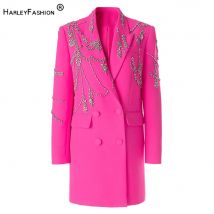 Autumn Winter Fine Workmanship Rhinestone Beading Double-breasted Long Sleeve Women Office Blazer Short Mini Notched Dress