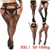 Schwarze Spitze Blumen Straps Fischnetz Strumpfhosen Plus Größe Sexy Oberschenkel Hohe Strümpfe Strumpfgürtel Dessous für Damen Strumpfhosen XXXXXL