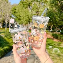 1PC/400ml Nette Glas Sippy Tasse Cartoon Design Transparente Wasser Flasche mit Deckel und Stroh Kaffee Tassen hause Bar Drink Becher