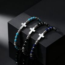 Bracciale regolabile con croce classica vintage in acciaio inossidabile per uomo, cinturino a catena con perline in pietra naturale di onice nero, gioielli alla moda