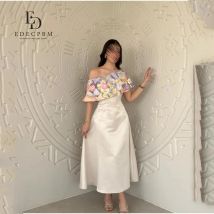 EDECPBM Partykleider für besondere Anlässe, maßgeschneidertes Satin-3D-Blumen-Hochzeitsfestkleid, schulterfreies Damen-Abendkleid