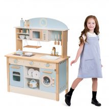 Robotime Robud Kids Play Kitchen Playset Set da gioco in legno con forno a microonde Orologio portasciugamani Giocattolo per bambino Blu