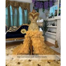 Stunning Appliques Sequins Mermaid Prom Dress Beaded Crystals Evening Party Gala Gown Ruffles Slit Customized robes de soirée