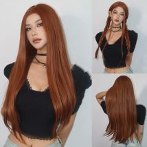 Kupfer Ingwer Braun Lange Gerade Perücke Synthetische Damen Perücken Mittelteil Cosplay Täglicher Gebrauch Natürliches Haar Hitzebeständige Faser