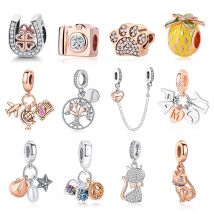 Oryginalny 925 Sterling Silver Charm Bead Family Tree Mom Pendant Safety Chain Charms Rose Gold Fit Brand Bracelets DIY Jewelry
