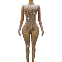 Glänzende volle silberne Steine Handschuhe Bodysuit Strass Hosen Overall Geburtstag feiern Trikot Outfit sexy Kostüme Shizuan
