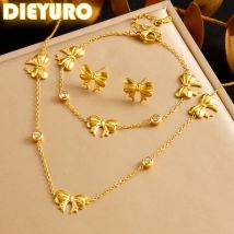 DIEYURO 316L Stainless Steel Round Rhinestone Golden Bowknot Necklace Earrings Bracelet Suit Girl New Trend Bow Jewelry Gift Set