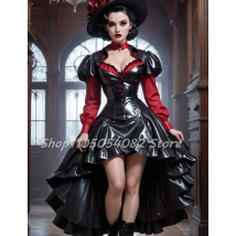 Maßgeschneidertes schwarzes und rotes Gothic-Abschlussballkleid mit V-Ausschnitt, Blasenärmeln, Knopfrüschen verziert, kurz vorne lang hinten, viktorianisch E