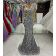 Silber Perlen formelle Anlass Kleider Abendkleider lange Ärmel transparenten Hals Meerjungfrau Party kleid Perle Kristalle Ballkleider Roben