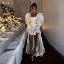 Qanz Moderne High Low Hochzeit Party Kleider Satin Puff Lange Ärmel Tamaño Vestido De Boda Gericht Zug Brautkleid Angepasst