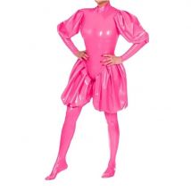 Rosa Latex Frauen Männer Gummi Catsuit mit Laterne Puff Ärmel und Leggs Gummi Overall Socken befestigt Bodysuit handgemachte S-LC380