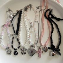 Gothic süße Y2K Edelstahl Schleife Herz rosa Kreuz Anhänger Perlen Perle Schlangenkette Halskette für Egirl 2000er EMO Zubehör