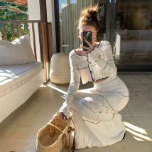 Openwork Knitted Top Skirt Two-Piece Fashion Temperament Korean Style Casual Shirt Skirt Suit