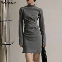 Rollkragen Mini Kleider Frauen Koreanische Kleidung Langarm Innen Grundlegende Slim Fit Warme Büro Damen Temperament Herbst Gemütliche Täglich