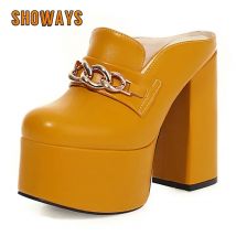 Sommer Frauen Plattform Sandalen schwarz gelb hoch klobige Absätze Panto letten sexy Party Lady Slides Schnalle Riemen Kette quadratische Zehen Hausschuhe