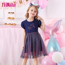 VIKITA Kinder Sommer Kurzarm Prinzessin Kleid Mädchen Farbverlauf Einhorn Stickerei Kleid Kinder Geburtstag Party Casual Kleider