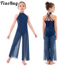 Bambini Ragazze Moderna Danza Lirica Tuta Senza Maniche Lucido Paillettes Maglia Split Balletto Pattinaggio di Figura Ginnastica Body Body