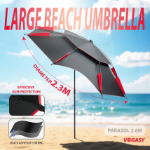 VOGASY Strandschirm mit UV-Schutz. Doppelschichtige schwarze Beschichtung, großer Angelschirm für den Außenbereich, Sonnenschirm für den Garten