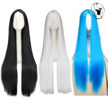 100CM/40 Zoll Lange Perücken Schwarz Weiß Blau Splitter Perücke Synthetische Hitzebeständige Halloween Karneval Kostüm Cosplay Glattes Haar