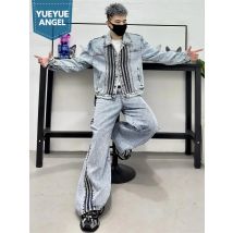 High Street Giacca da uomo in denim vestibilità ampia a righe Pantaloni a gamba larga Set da due pezzi Nuovi abiti alla moda Cappotto da cowboy Jeans Set coordinato