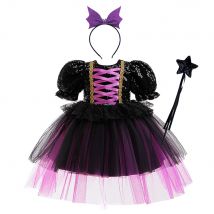 Mädchen Pailletten Halloween Lila Hexe Kostüm Kinder Schwarz Knielangen Tutu Kleider für Mädchen Prinzessin Kinder Geburtstag Kleid ASQ05