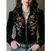 Retro Jacket for Women's Autumn Casual Zipper-fly Lapel Collar Floral Printed Short Coat Chic Ethnic Vintage Jackets Outerwear