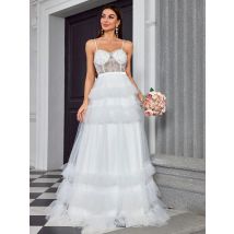 Dreidimensionale bestickte Pailletten, durchsichtig, Patchwork, mehrschichtiges Neckholder, Kuchen, Hochzeitskleid, großes Display der Braut, wir