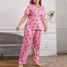 Damen Plus Size Pyjama Set Liebe Herz druck Kurzarm T-Shirt Top & Hosen Nachtwäsche Lounge wear weiche bequeme Kleidung zu Hause