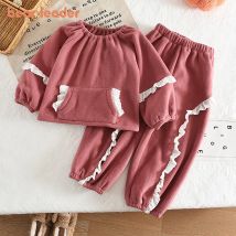Bär Führer Herbst Winter Warme Mädchen Hause Kleidung Set Spitze Patchwork Top und Hosen Rot Süße und Niedliche Kinder Kleidung