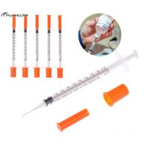 5Pcs 1/0.5/0.3ML Disposable Plastic Veterinary Syringe Orange Cap Sterile Insulin Syringe w/ Needles For Pet Farm Animal Cat Dog
