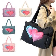 Casual Frauen Handtaschen Süße Herz Gepolsterte Weibliche Einkaufstasche Große Kapazität Liebe Nylon Unten Baumwolle Geldbörsen Handtasche Schulter Tasche