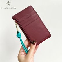 SC Mode Frauen Echtes Leder Schlank Kartenhalter Farbblock Reißverschlusstasche Karten Münzen Bargeld Tragbare Tägliche Geldbörse Kleine Brieftasche