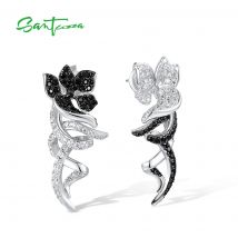SANTUZZA Authentische baumelnde Ohrringe aus 925er-Sterlingsilber für Damen, funkelnde weiße schwarze Blume, Party-Geschenk, eleganter edler Schmuck