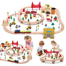 72/108 pezzi Montessori Set di treni in legno giocattolo per bambini, auto, set di treni in legno ferroviari di ingegneria regalo per ragazzi e ragazze
