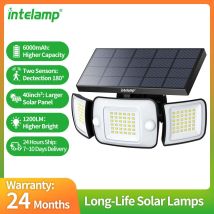Lampada Solare da Esterno Intelamp 6000mAh con 3 Modalità, Doppio Sensore di Movimento, Luce Intensa, Lampada da Parete IP65 per Giardino, Cortile, Sentiero, Garage