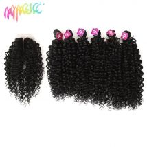 Magia Sintetica Afro Crespo Capelli Ricci Tessuto Dei Capelli 16-20 pollici 7 Pezzi/lottp Fasci Con Chiusura Merletto Africano Per Le Donne estensioni dei capelli