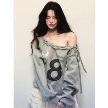 Jmprs Y2K Streetwear Grau Sweatshirts Frauen Weg Schulter Lose Brief Pullover Harajuku Retro Weibliche Casual Amerikanischen Tops Neue