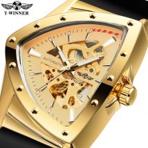 T-Winner High Range Herren-Automatikuhr mit automatischer Mechanica, leuchtende Luxus-Tourbillon-Gold-Armbanduhr, Kautschukarmband, dreieckiges Skelett