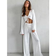 Bornladies frauen Sommer Spitze Up Lose Beiläufige Lange Ärmeln Hosen Set Mode Hause Kleidung Sexy Einfarbig Grundlegende Pyjamas set