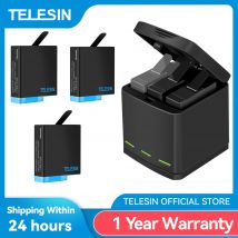 TELESIN 1220mAh paquete de 3 baterías 3 ranuras luz LED cargador de batería caja de almacenamiento Cable tipo C para GoPro Hero 5 6 7 8 cámara negra