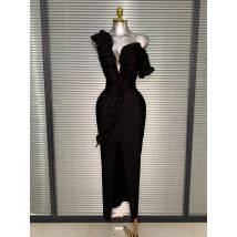 Women Sexy Black One Shoulder Floral Midi Bodycon Bandage Dress High Street Elegant Celebrity Party Dress