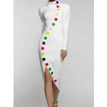Yeezzi Women Fashion Colorful Buttoned High-Neck A-line Dress 2024 New Autumn Long Sleeves Slim Casual Simple Party Midi Dresses