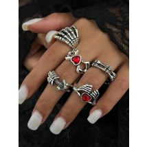 IngeSight.Z 2 Styles Goth Halloween Creative Skull Red Heart Rhinestone Open Ring Women Vintage Silver Color Finger Ring Jewelry