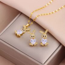 Neue 316l Edelstahl niedlichen Zirkon Kaninchen Halsketten Ohrringe für Frauen trend ige weibliche Schmuck Set Mädchen Mode Schlüsselbein Kette