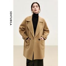 SENTUBILA Textur 100 % Wollmantel Jacken für Damen 2025, Wintermode, solide große Taschen, mittellange warme Mäntel W44O56016